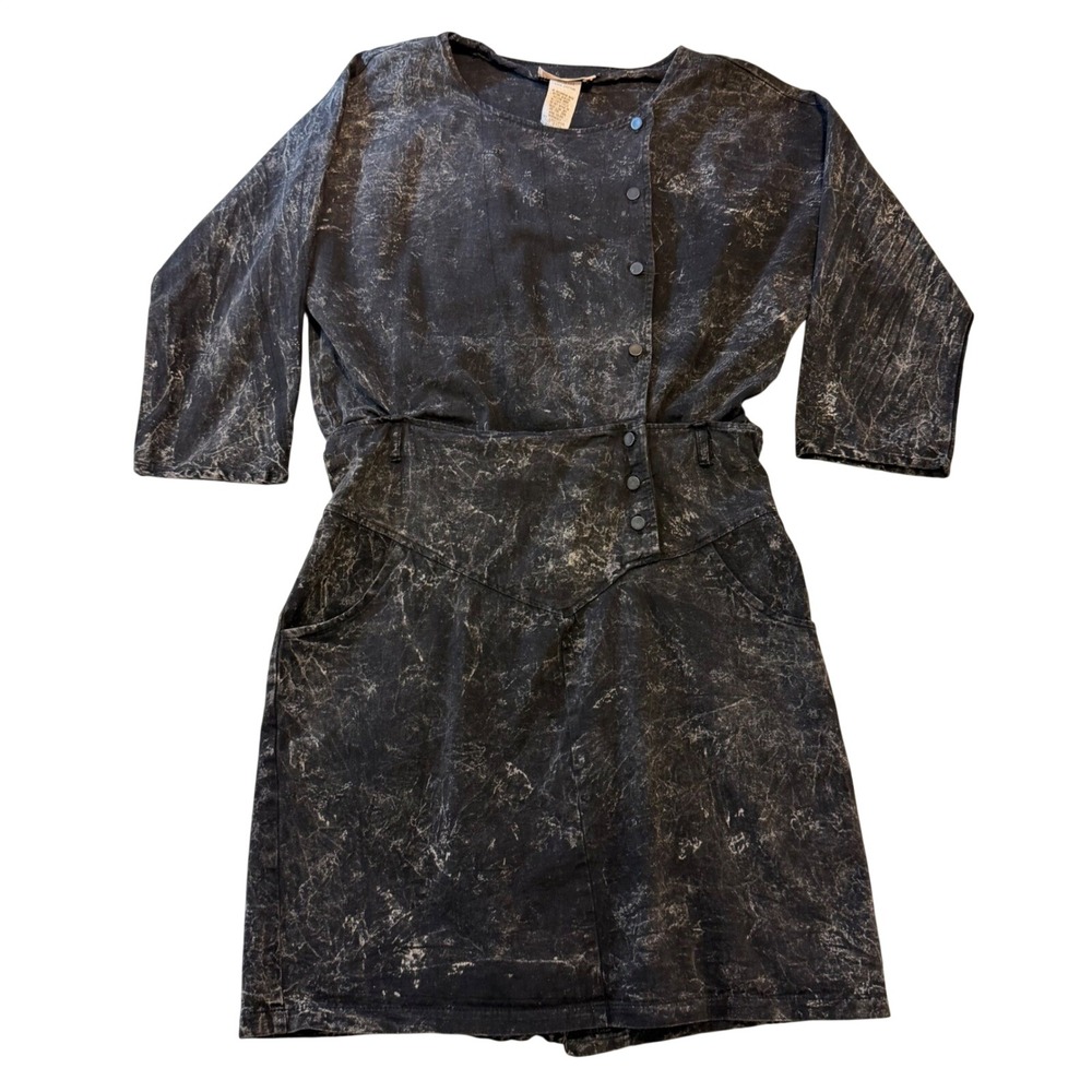 Vintage Grunge Acid Wash Denim Dress‎ Black 80s Button Front Rocker streetwear